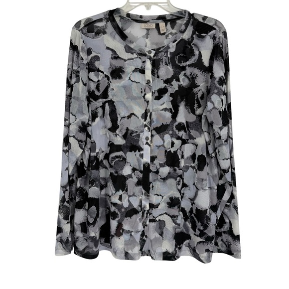 LOGO by Lori Goldstein Mesh Cardigan Top Black Gray Size XL Button Up Semisheer - Picture 2 of 10